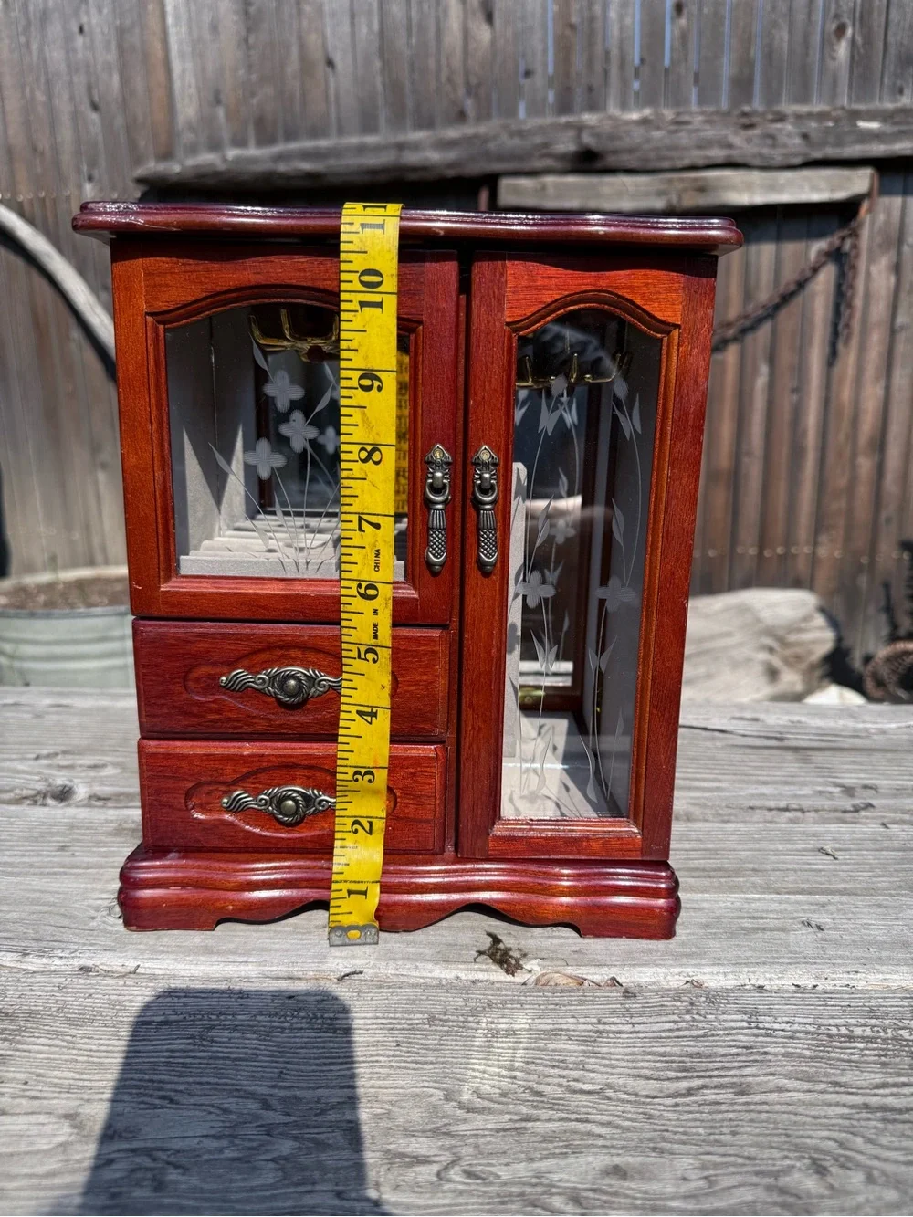 Mahogany Red Wooden Jewelry Armoire Cabinet with Etched Glass